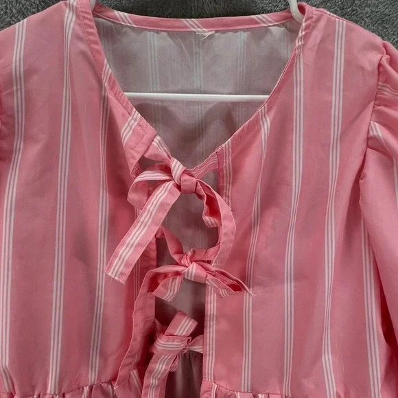 Pink White M Striped Tie Front Peplum Puff Sleeve Jacket Coquette Babydoll Girly - Picture 2 of 8